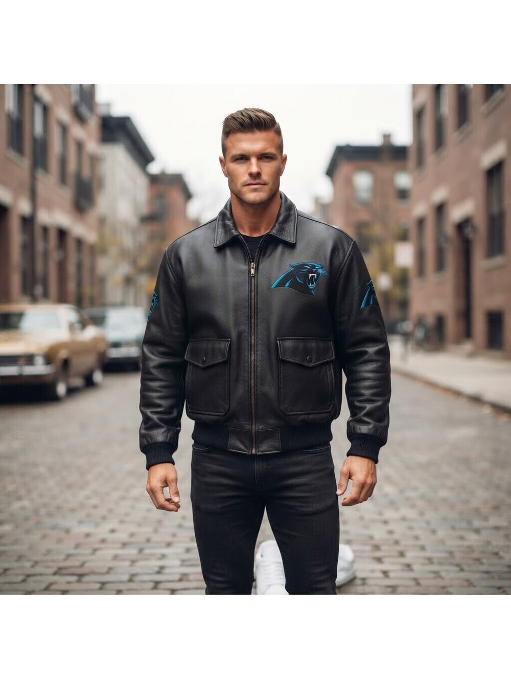 Pro Player Carolina Panthers NFL Black Leather Jacket Men XL